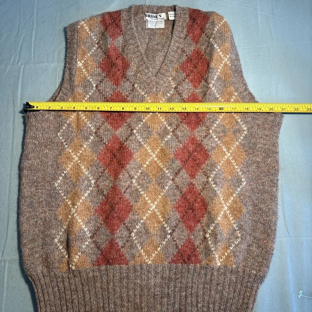 Filenes Mens Argyle Sweater Vest Brown Wool Shetland Made in Scotland Large L